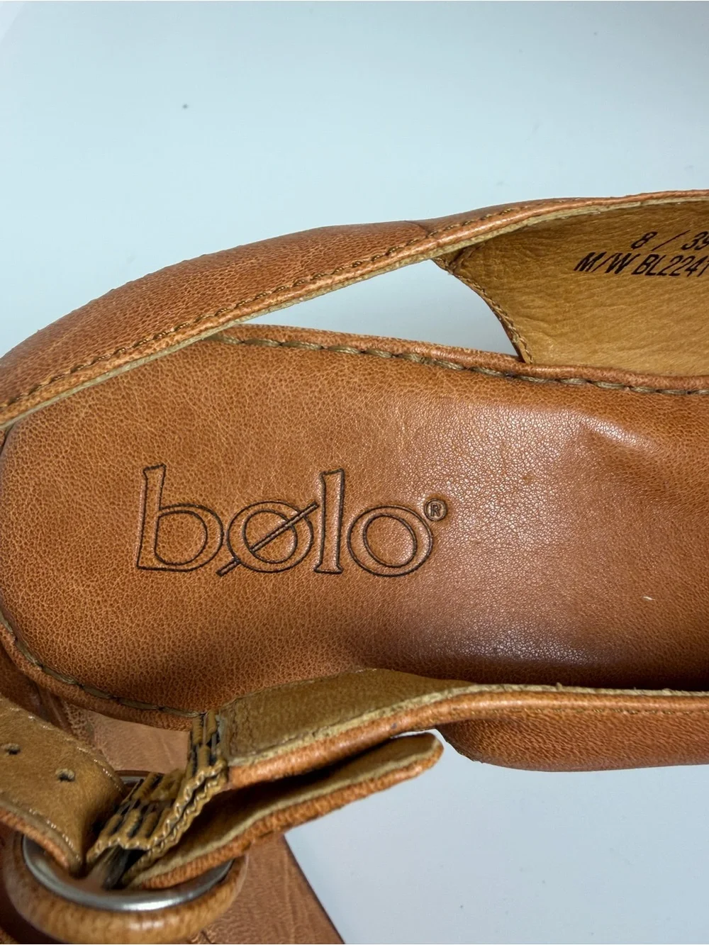 Bolo Leather Peep-Toe Slingback Wedge Sandals in Cognac; Size 8/39; Made by Born